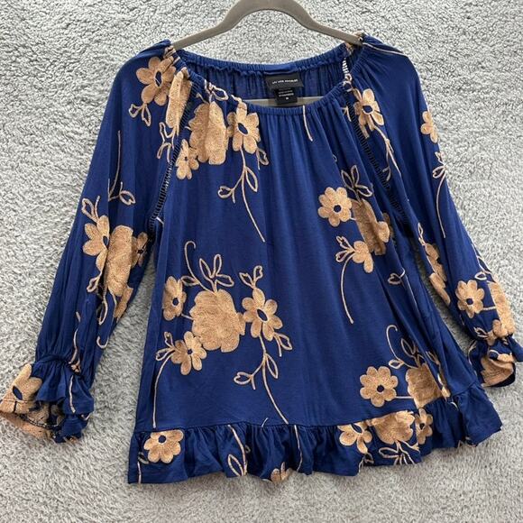 LIV Los Angeles Medium Blue Long Sleeve Blouse Floral Embroidery Boho - Picture 6 of 9
